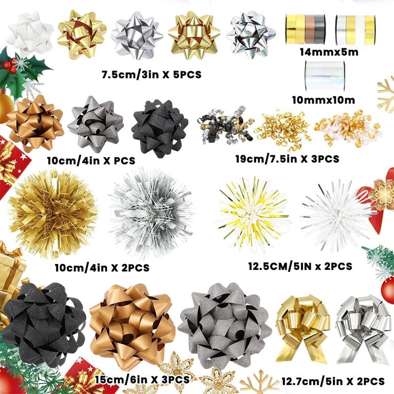 YUJUN 23PCS Christmas Gift Bows Decoration Set Xmas Pull Paper Present Bows Assortment with Christmas Gift Ribbons Wrapping Bows for Christmas New Year Wedding Decoration(Black Gold) - Image 2